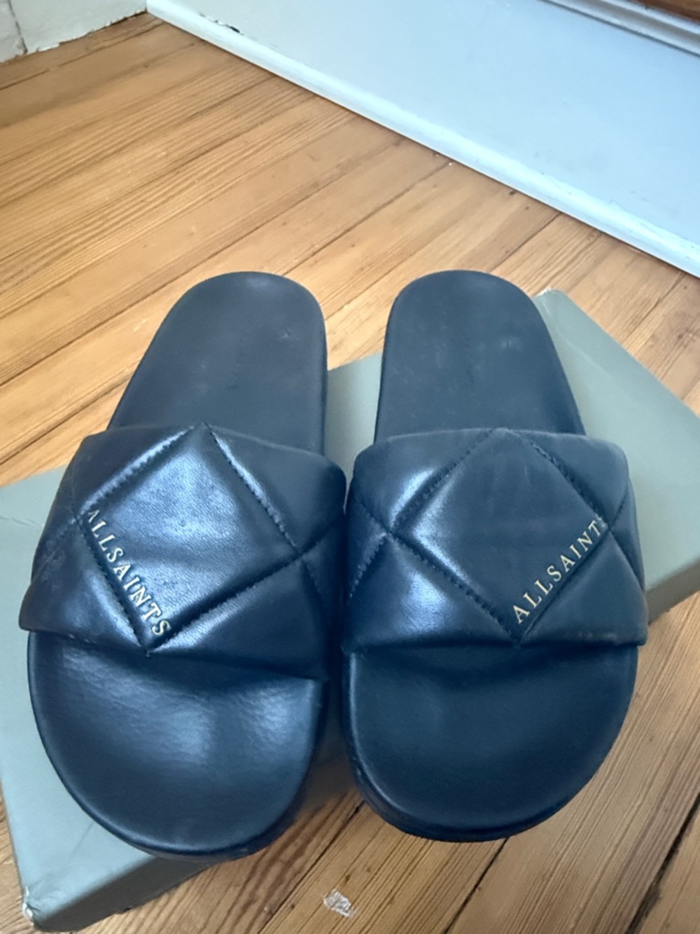 AllSaints Black Quilted Bell Slide Sandals - US 7 read description about sizing
